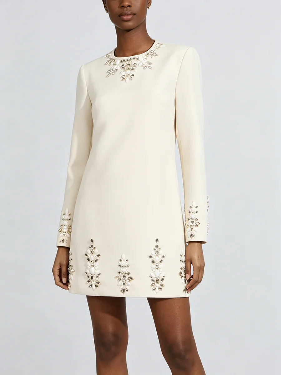 VGH Beige Loose Spliced Diamonds Dresses for Women O Neck Long Sleeve Gentle Intellectual Dress Female Summer Fashion New Style