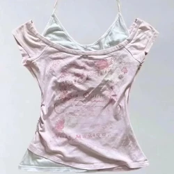 Y2k Crop Tops Women Grunge Print Harajuku Casual Sexy Tee Summer Fake Two Pieces Blouse Bandage Vintage T-shirts Aesthetic Slim