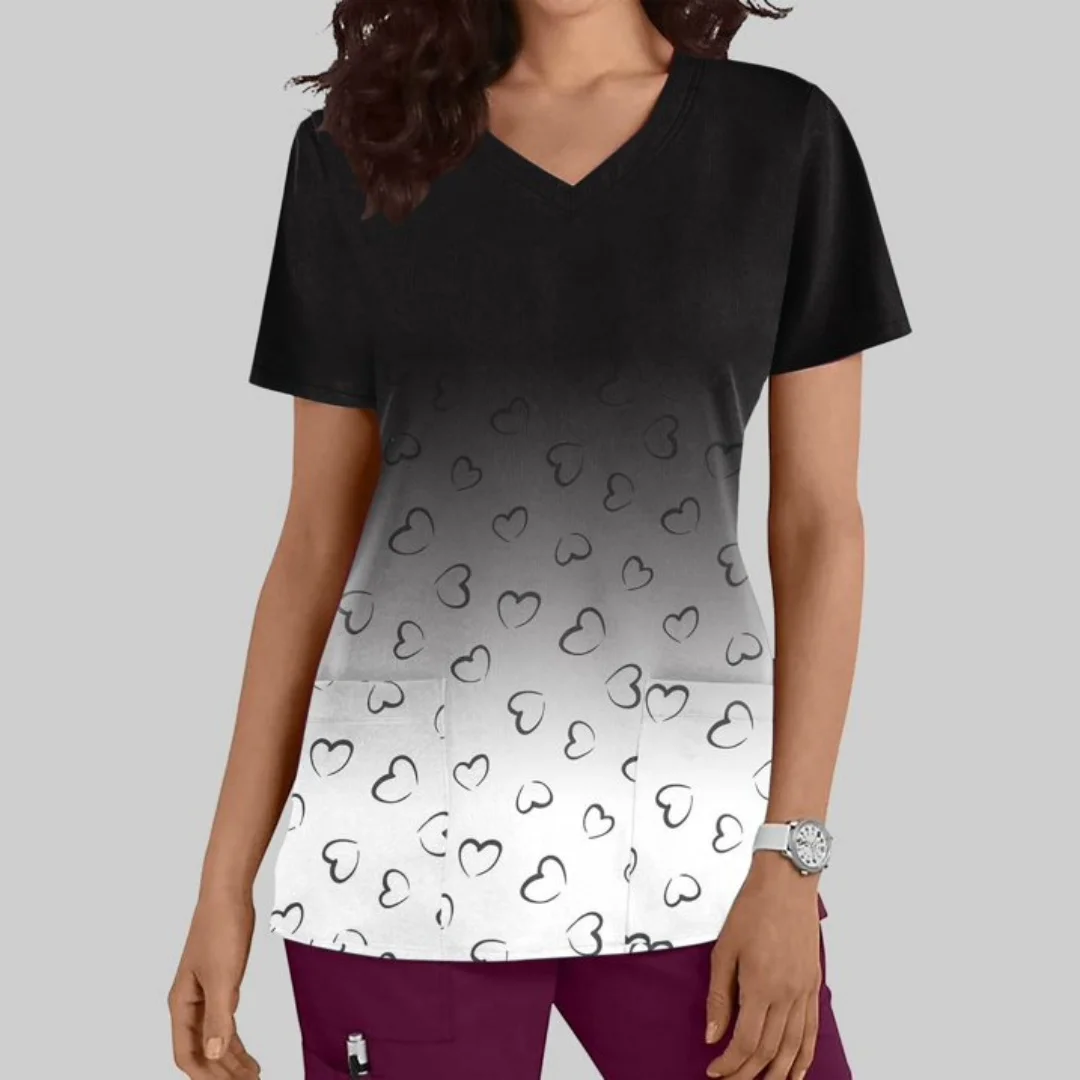 Top Argyle con cuello en V y corazón para mujer, Tops exfoliantes degradados para mujer, uniforme para enfermería, Top informal de manga corta con estampado de cuello en V para enfermera 2026