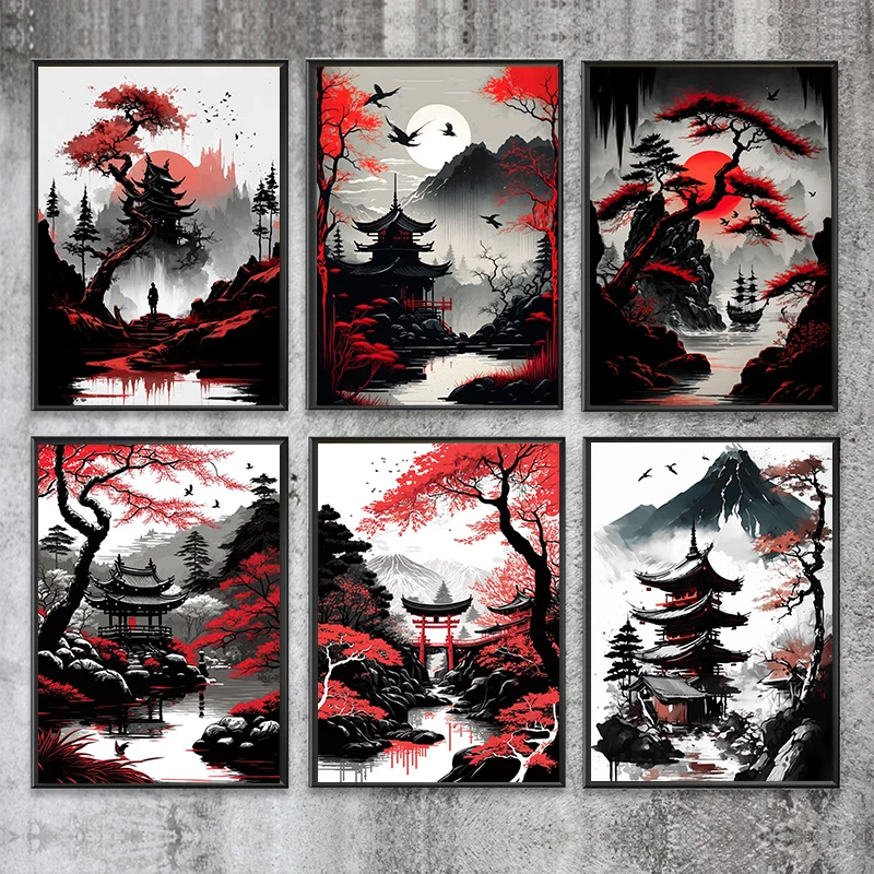 Japoński Naturalny Krajobraz Górska Świątynia Obraz na Płótnie Czerwony Czarny Plakaty Vintage Ink Art Wall…