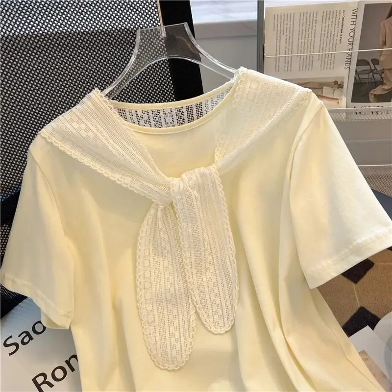 EBAIHUI Fake Two Piece Design Women T-shirt Summer Fashion Lace Patchwork Ladies Short Sleeve Tee Round Neck Chic Versatile Top