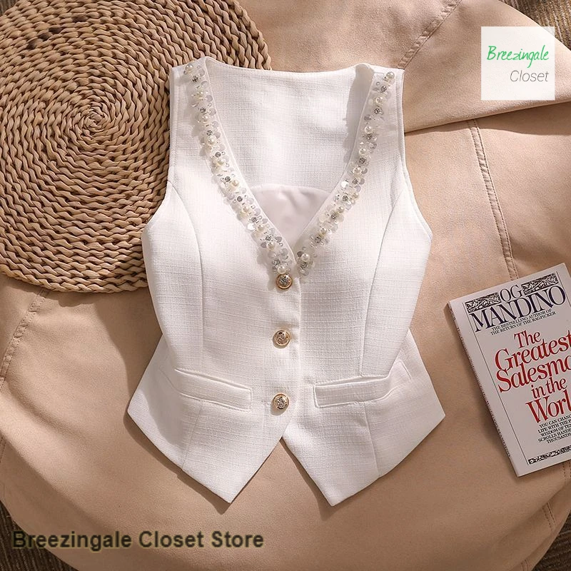 

French-style slim Western-style short white vest for women's summer new fashion temperament deep V Joker vest sleeveless top.