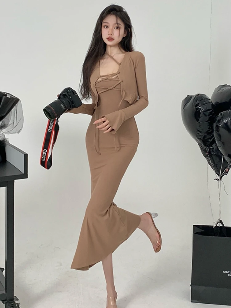 Two Pieces Sets Women Bandage Outwear Mermaid Dress Ins Slim Sexy Spring Ladies Vintage Chic Solid Flare Sleeve Fashion Ulzzang