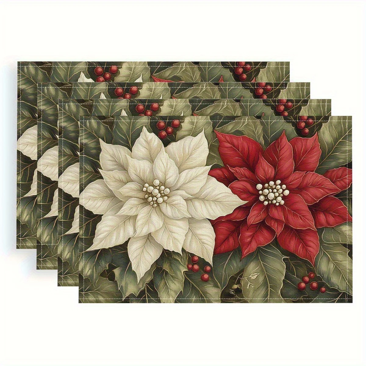 Winter Holiday Linen Placemat Christmas Berry Pine Print Heat‑Resistant Table Mat for Home Kitchen Dining Table Xmas Party Table