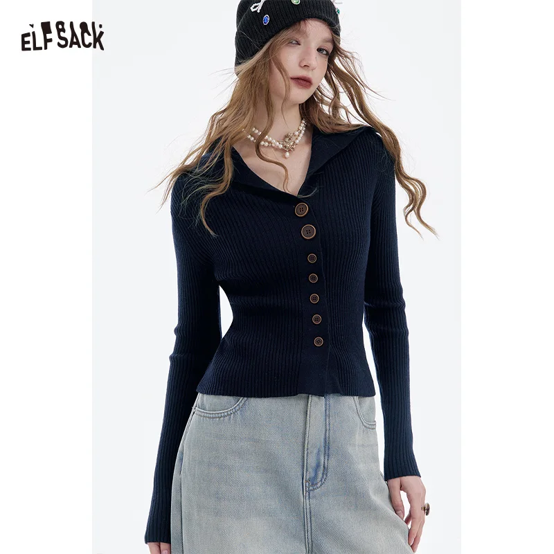 

ELFSACK Y2K Solid Slim Fit V Neck Lapel Button Knitwear For Women