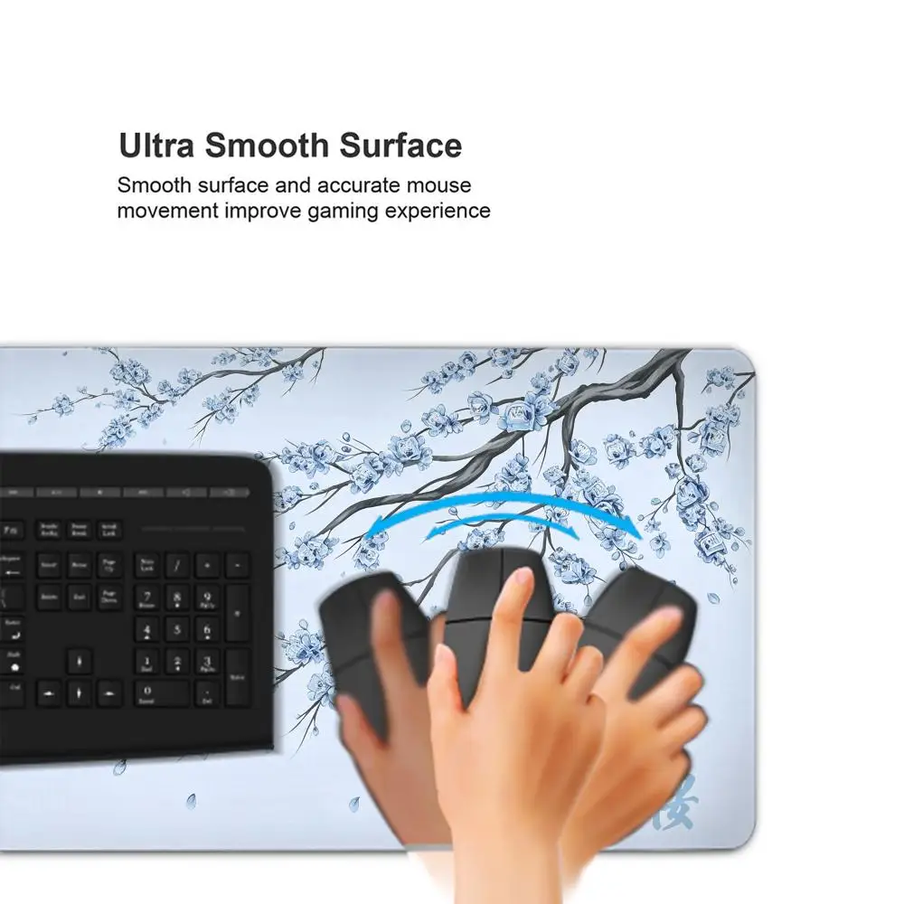Wash Cherry Blossom Branch Large Desktop Mousepad, Aesthetic Sakura Calligraphy Desk Mat, Thick Non-slip Computer Keyboard Pad
