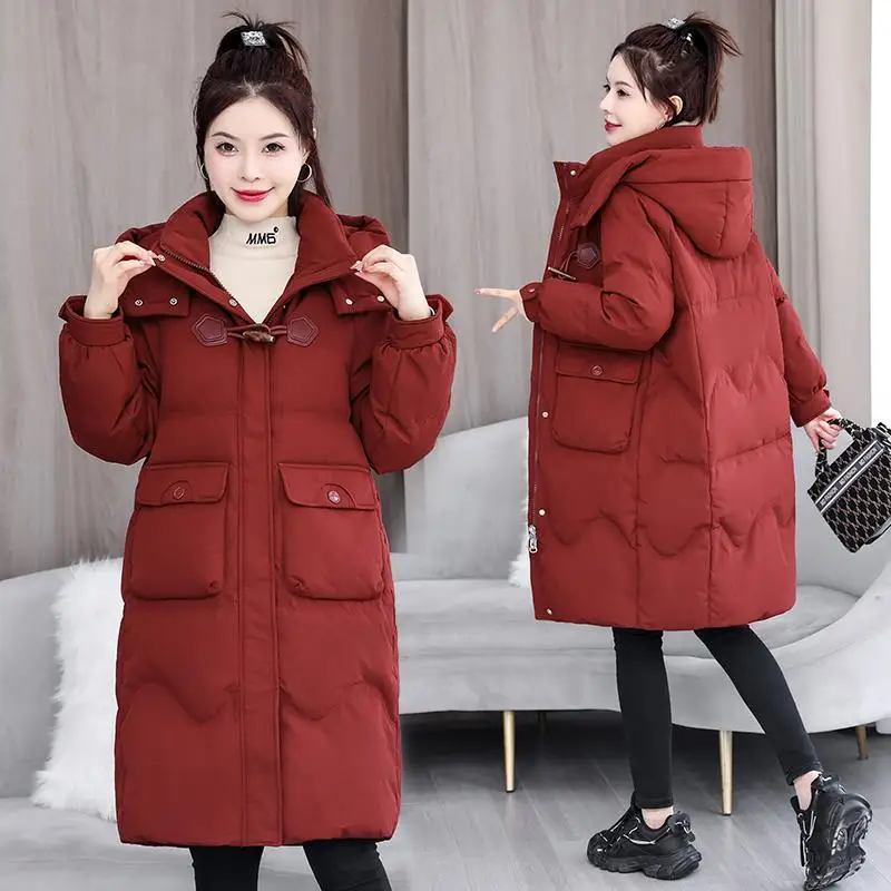 

Winter Cotton Jaet Women's Knee-Length Du down Coat Detachable Hood Chinese Sle Button Middle-Length Thiened Polyeste...