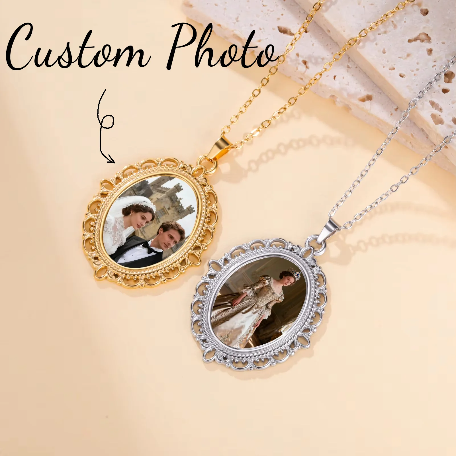 Custom Photo Y2K Vintage Locket Necklace, Elliptical Personalized Picture Pendant Neck Chain, Wedding Christmas Anniversary Gift