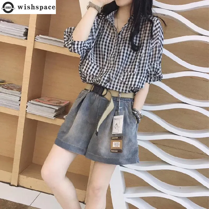 Fashion Casual Women's Set Spring/summer Korean Version Thin Loose Shirt+elastic Waist Denim Shorts Two-piece Set