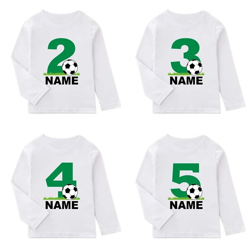 Happy Birthday Football Print Boys T-shirts 1 2 3 4 5 6 7 8 9 Years Customize Name Soccer Kids Long Sleeve T shirt Girls Clothes