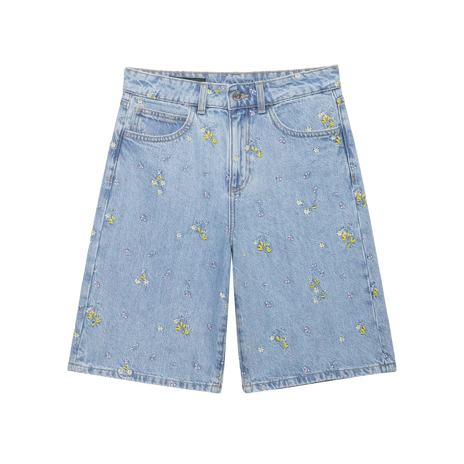 

WOMEN 2026 Summer New Fashion Embroidered Flower Denim Shorts Retro High Waist Side pocket Casual Chic Female Short Pants Mujer