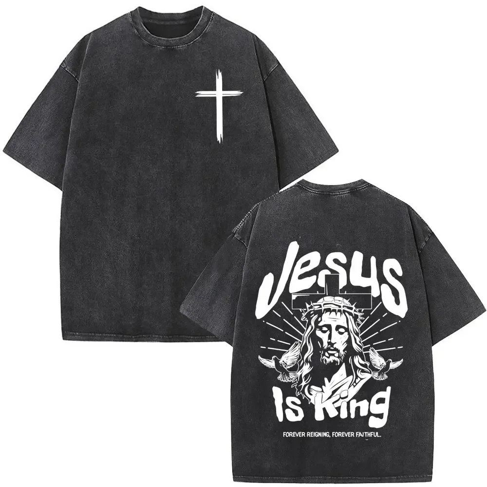 

Jesus Is King Christian Bible Verse Washed T Shirts Men Women Fashion Hip Hop Streetwear Male Casual Vintage Oversized T-shirt