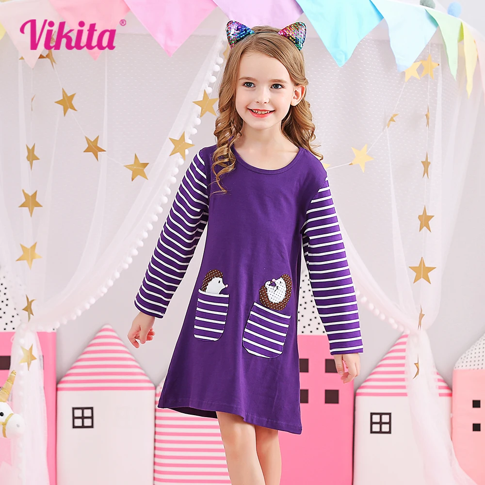 VIKITA Children Striped Dress Girls Cotton Casual Daily Autumn Spring Dress with Pockets Kids Straight Dresses Kids Clothes
