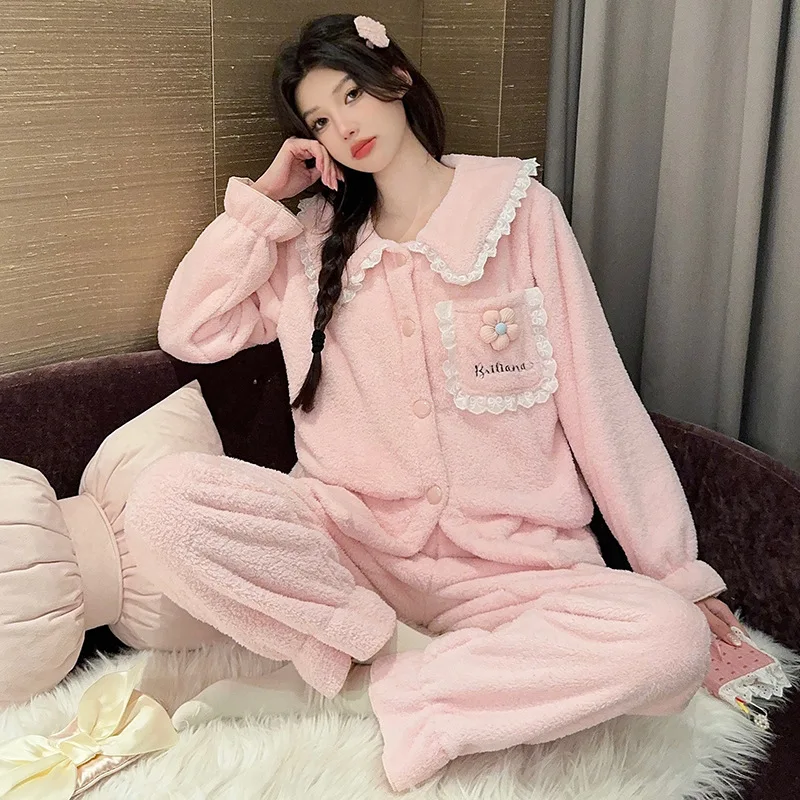 سميكة المرجان بيجامة من الصوف مجموعة المرأة الشتاء أفخم الفانيلا ملابس المنزل الكورية الحلو ملابس خاصة لينة الفانيلا سترة Pjs