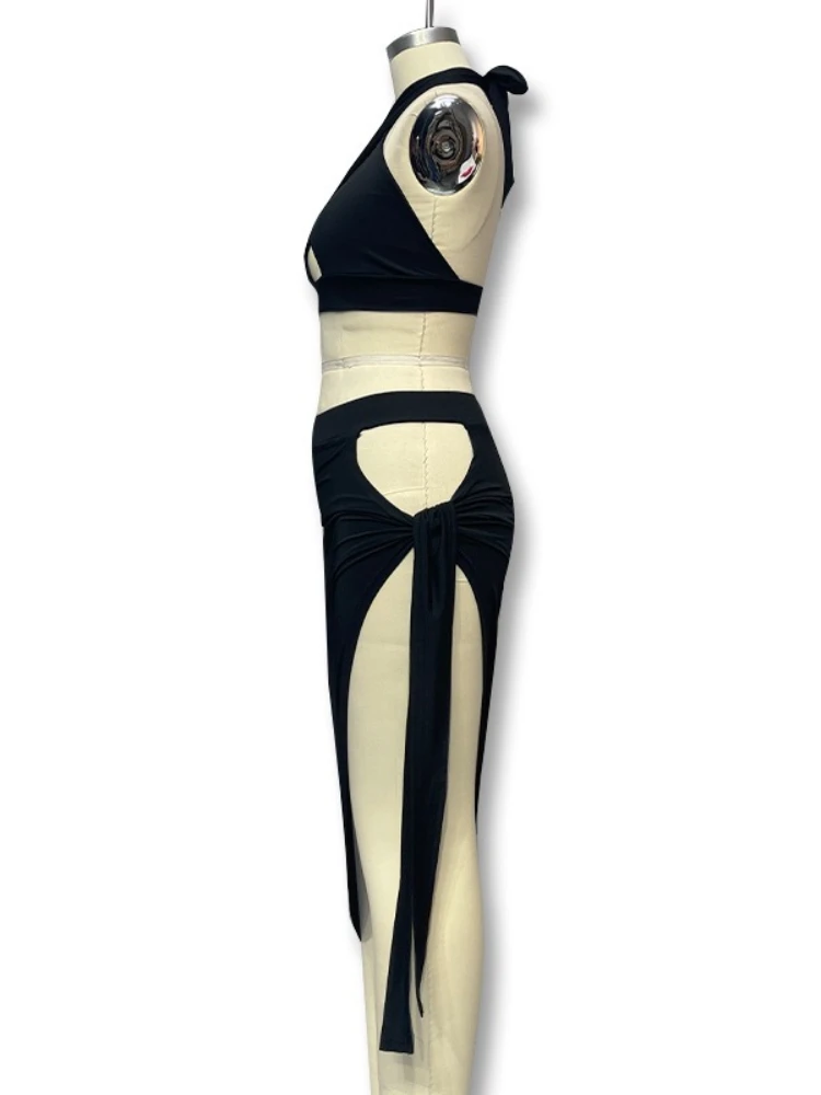 Robe de soirée deux pièces, Sexy, à bandes croisées, ajourée, cuisses hautes, fendue, Slim, moulante, sans manches, pour femmes, tenue de soirée en boîte de nuit