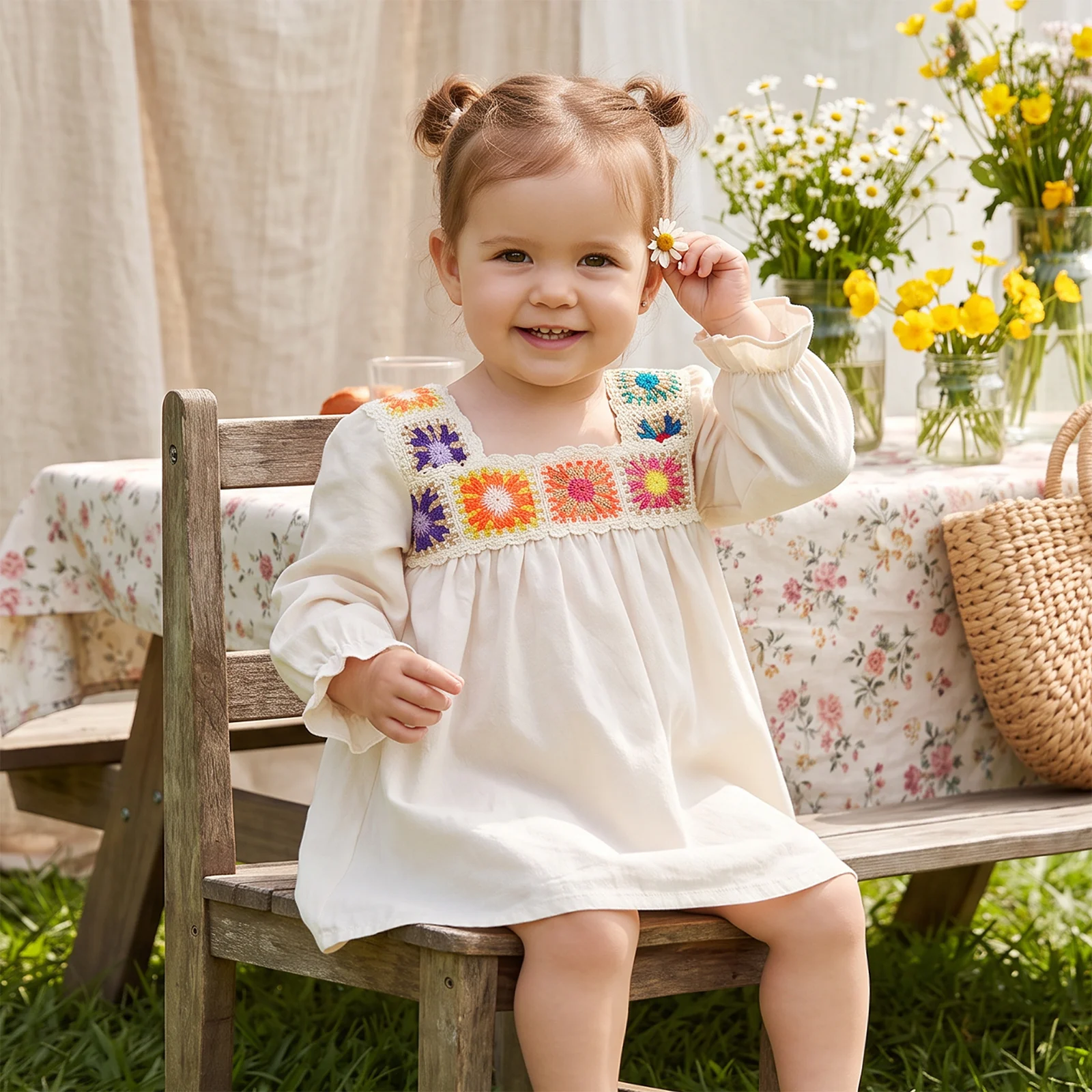 Toddler Baby Girl Fall Dress Ethnic Style Flower Long Sleeve A-line Dresses