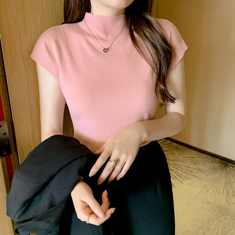 Frauen Sommer Sexy Gestrickte Rollkragen Ärmellose T-Shirts Tops Solide Slim Fit Pullover Kausalen Tees Weibliche Streetwear Grundlagen Tees – Detail 9