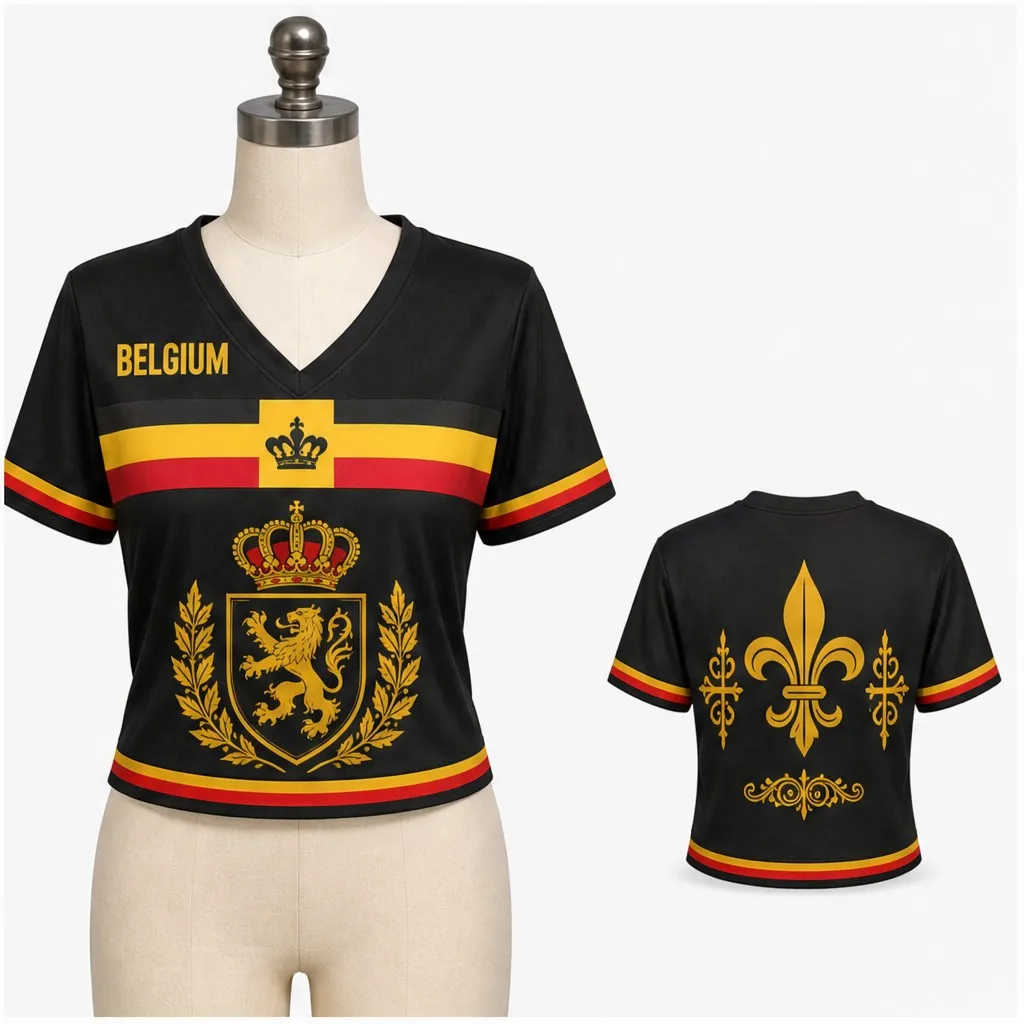 Womens V Neck Cropped Tee Belgium Crest Stripe Graphic Short Sleeve Summer Casual Top With Fleur Back Detail Daily Wear Favorite