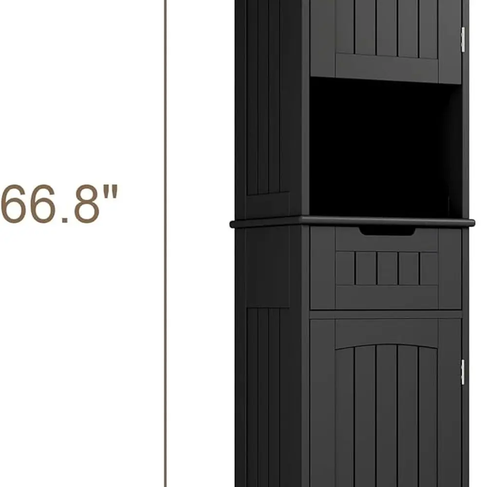 67 Hochfreistehender schwarzer Schrank mit 2 Türen und 1 Schublade für die Aufbewahrung im Badezimmer, verstellbare Regale, geeignet für Wohnzimmer und