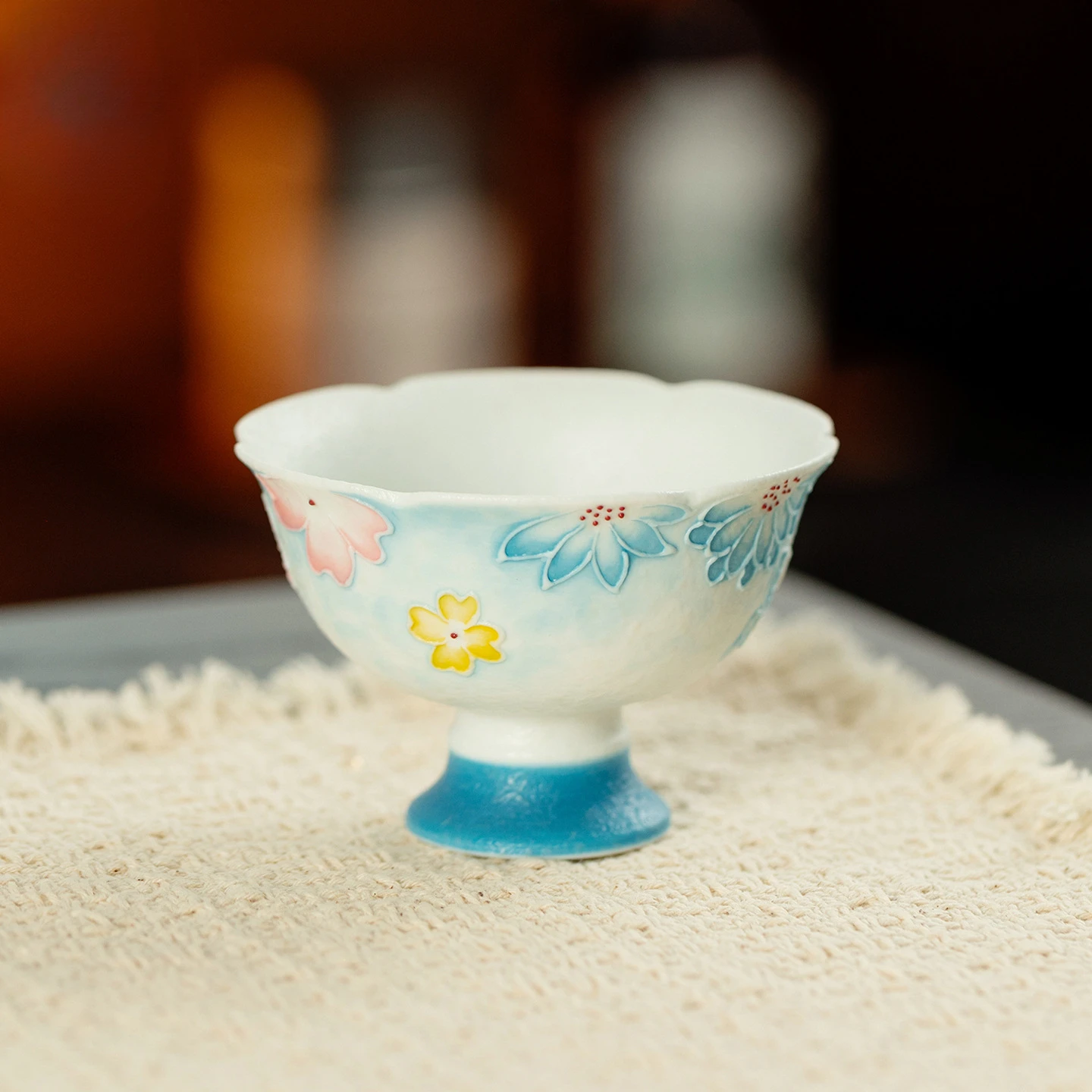 60ML Frosted Blue Hand-painted Flower Sleep High-foot Teacup Zen Tea Bowl Jug Tea-tasting Smelling Cup Chazhan Master Cups Cafes