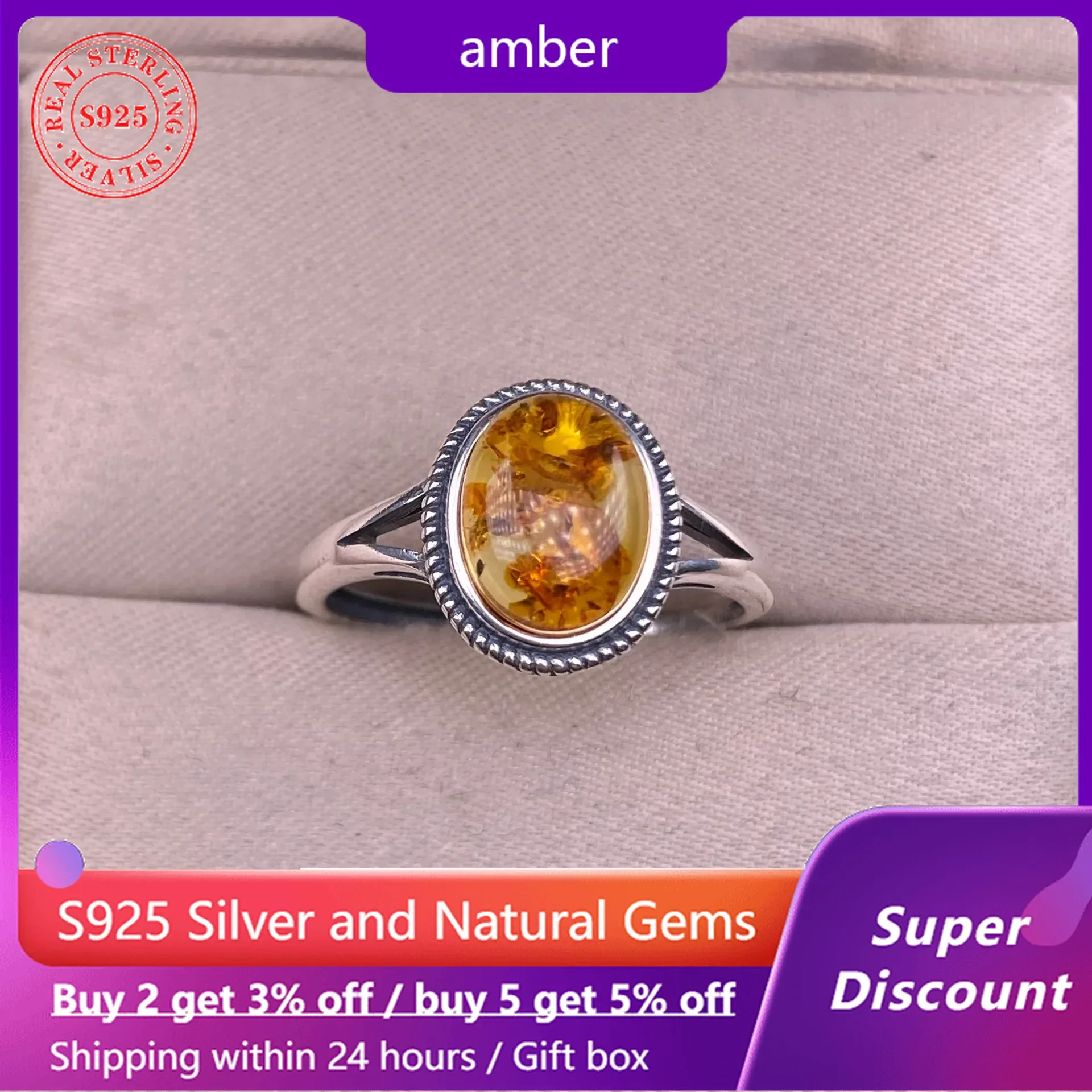 

New Flower Amber Ring S925 Sterling Silver Women's Ring Party Exquisite Jewelry Amber Advanced Accessories Valentine's Day Gift