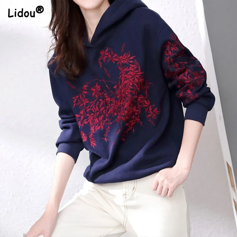 Autumn Winter Pullovers Embroidery Nylon Cotton Women\'s Clothing Printing Thick Casual Slight Strech Hooded Loose Sweatshirts