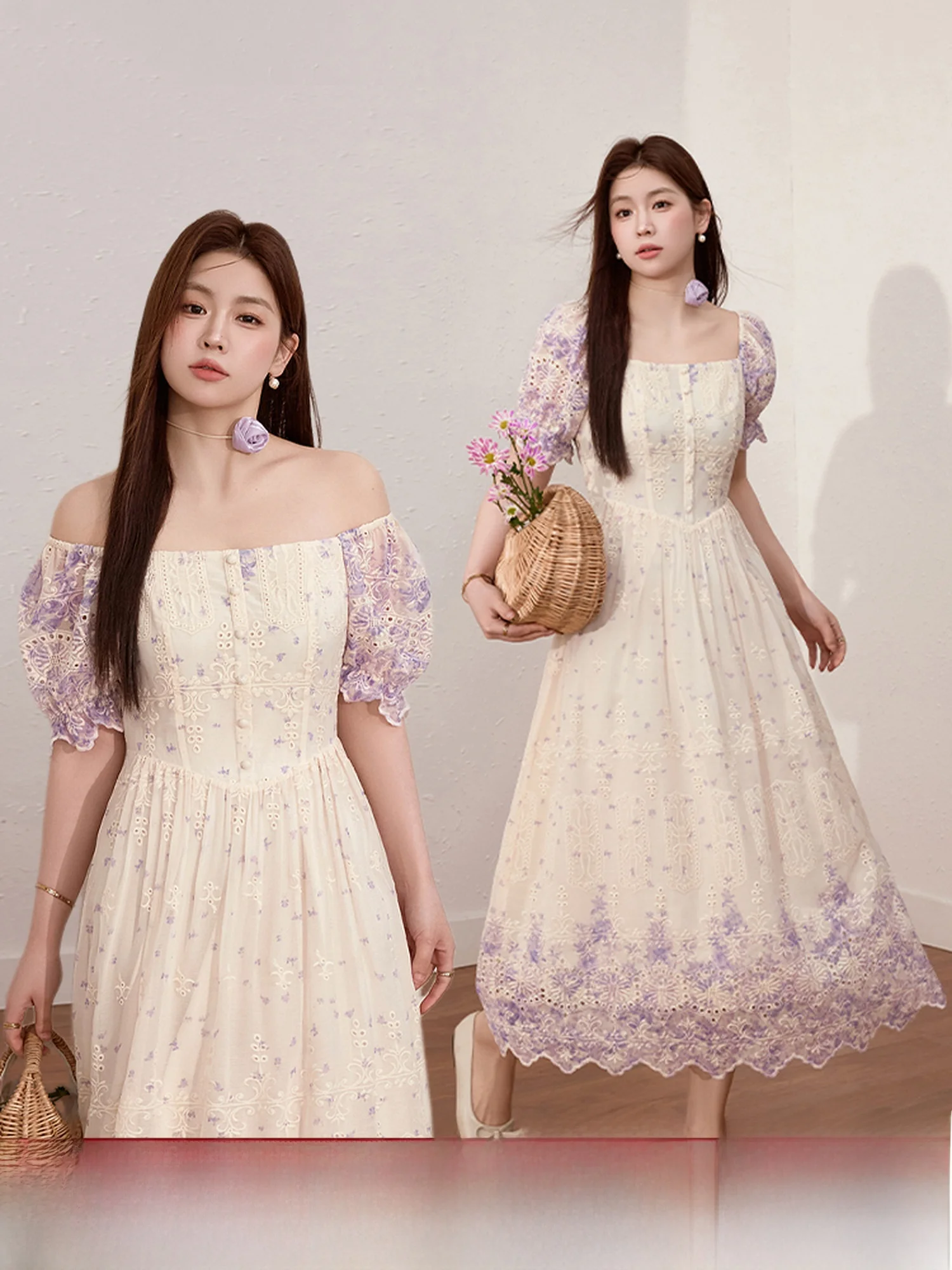 

Ele Blue Language plus Size Women's Dr Heavy Embroidery Bubble Sve Long A-Line Summer Ele Print Work Commute