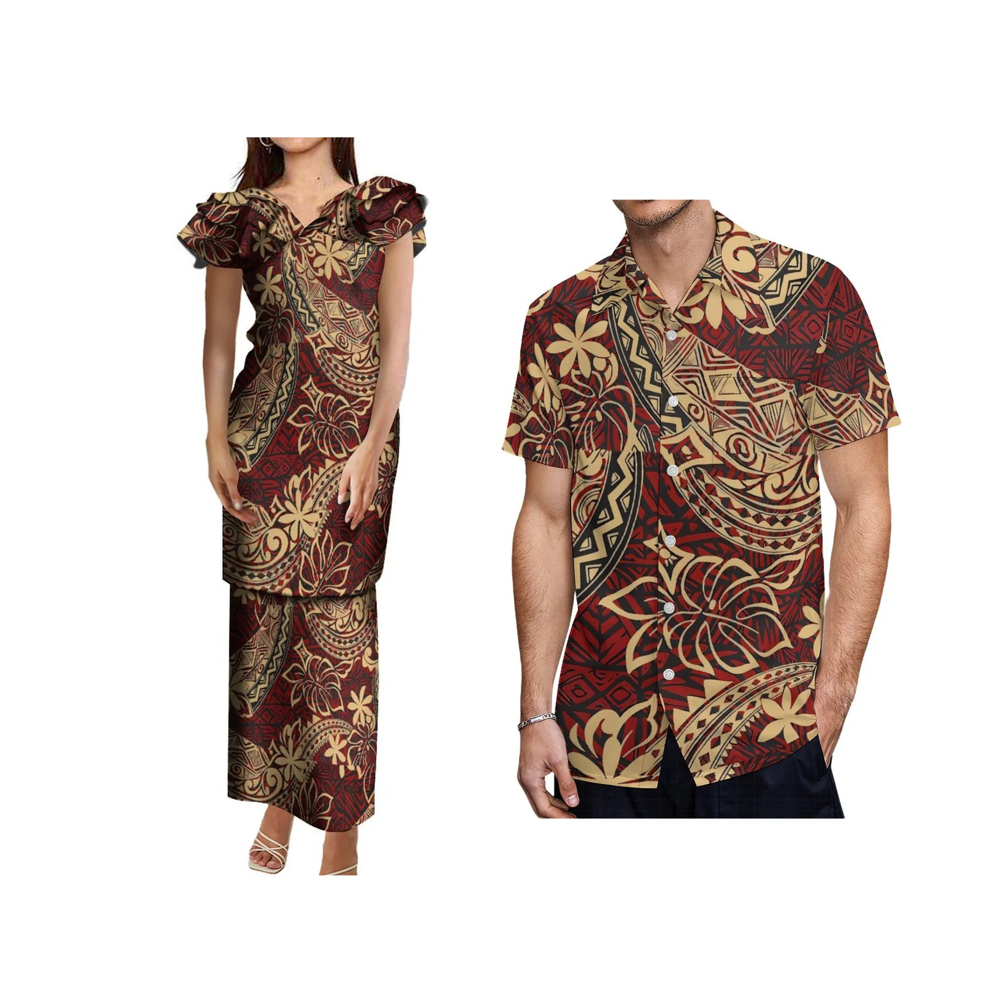 Three-Layer Ruffled Cuff Samoan Floral Print Polynesian Pattern Design New Puletasi Ladies Set Skirt Skirt