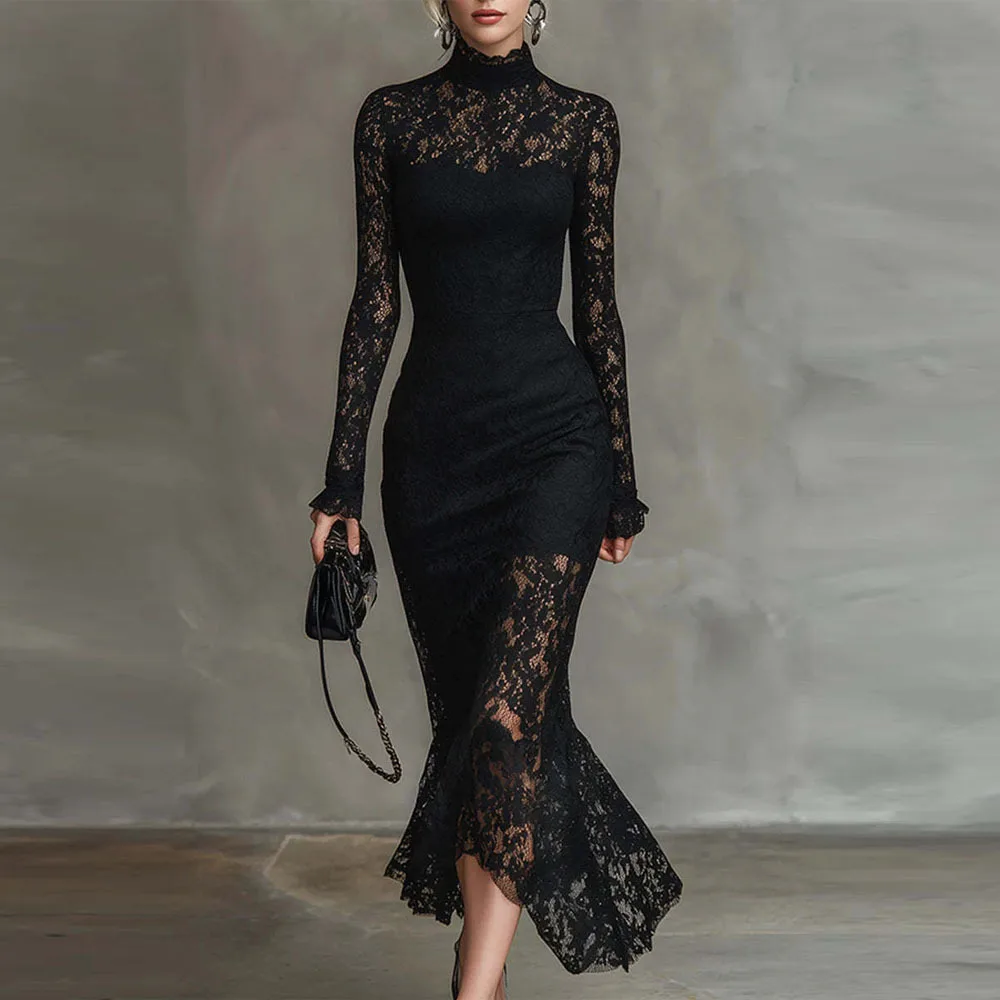 

New Fashion Slim Fit Hip-hugging Lace Dresses Women Winter Sexy And Elegant Solid Color Round Neck Dress Long Skirt For Women