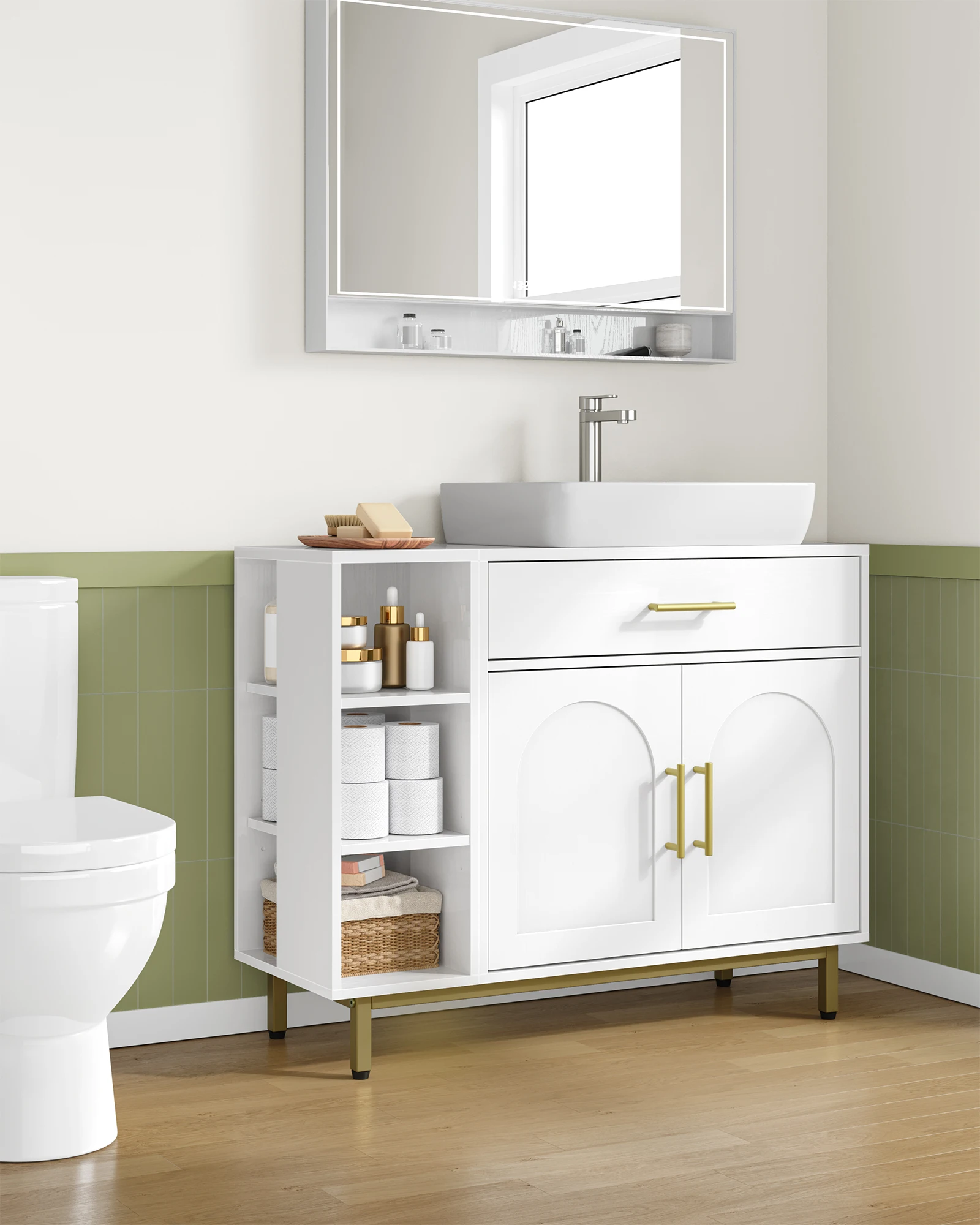 Mueble de Baño con 1 Cajón, 2 Puertas y Compartimento Abierto con 3 Niveles de Estantes Ajustables, Color Blanco