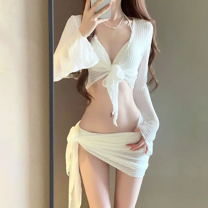 

Korean Solid Color Bikini Set High Waist Women Swimwear Push Up Halter Swimsuit with Cardigan Cover Ups Bikinis Купальник 수영복