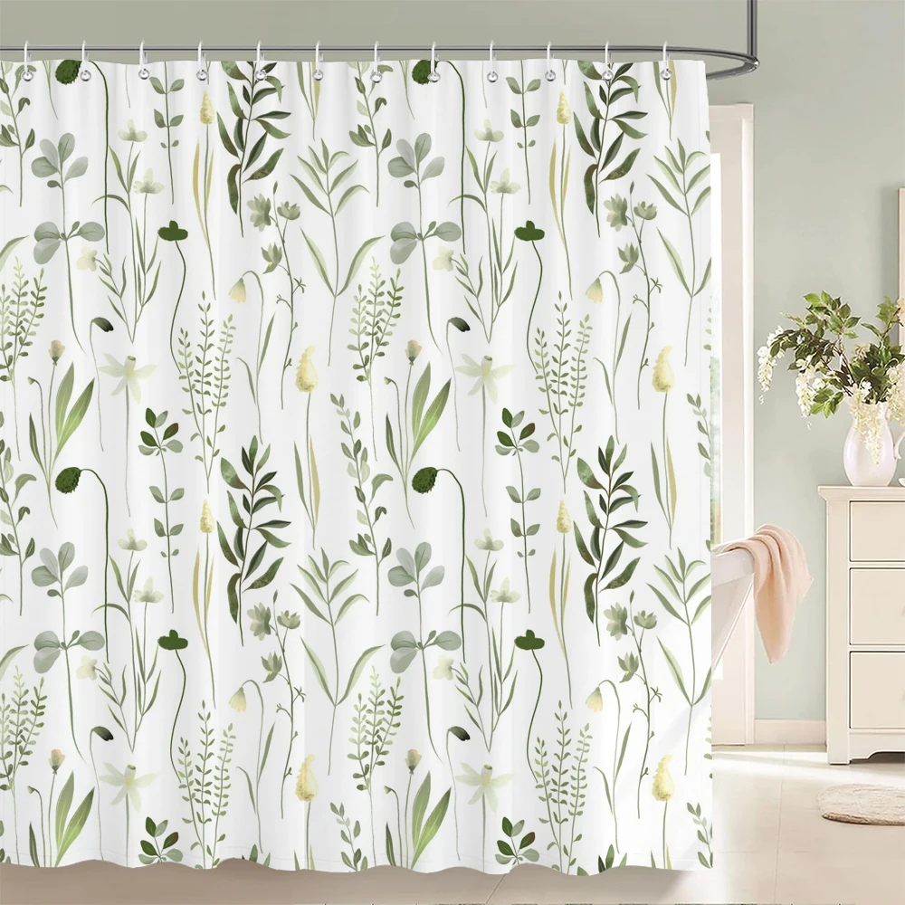 Green Plant Leaves Print Shower Curtains Watercolor Boho Floral Waterproof Morden Bathroom Bathtub Curtain Room Decor With Hooks