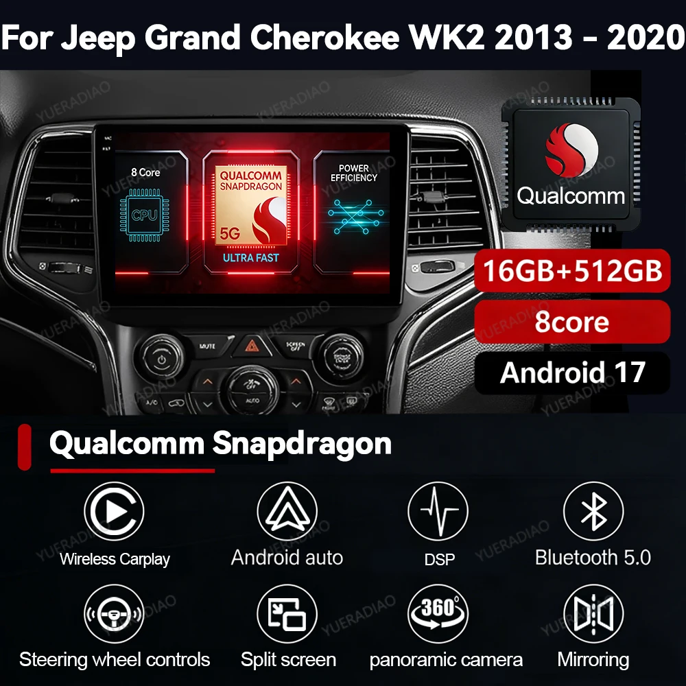 Autoradio Android 17 pour Jeep Grand Cherokee WK2 2013 - 2020 Lecteur multimédia stéréo vidéo Qualcomm 4G LTE 5G WIFI 2DIN BT QLED