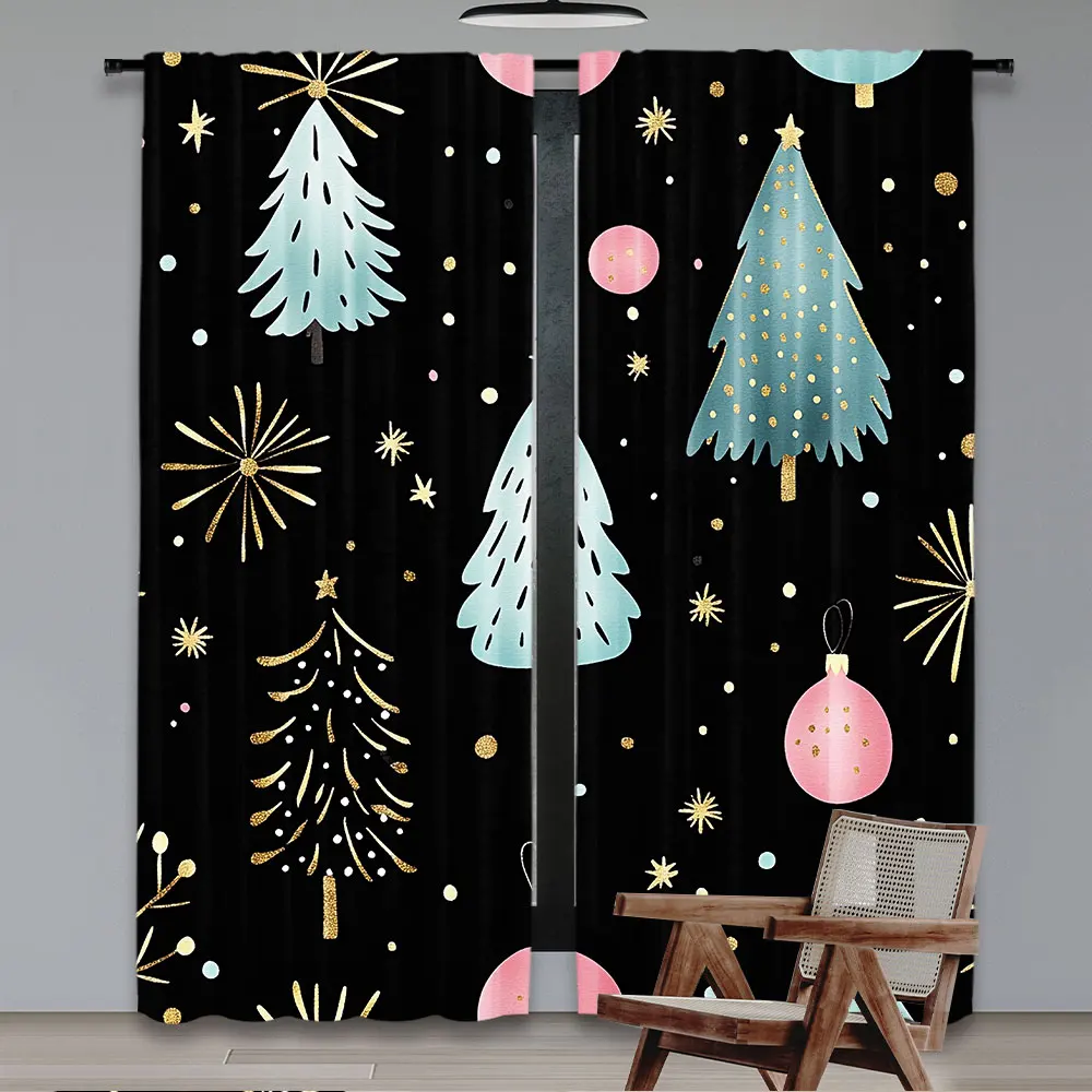 2Pcs Christmas Curtain Pink Blue Black Xmas Pine Tree Forest Snowflake Star Winter Holiday Rustic Nature