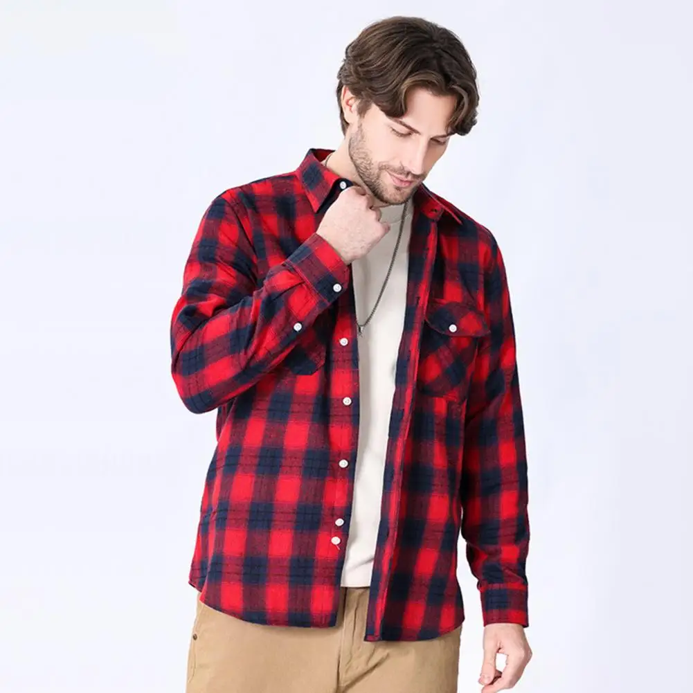 

Basic Fit Men Shirt Stylish Men's Plaid Flannel Shirt for Spring Autumn Loose Fit Casual Top with Lapel Pocket High Breathable