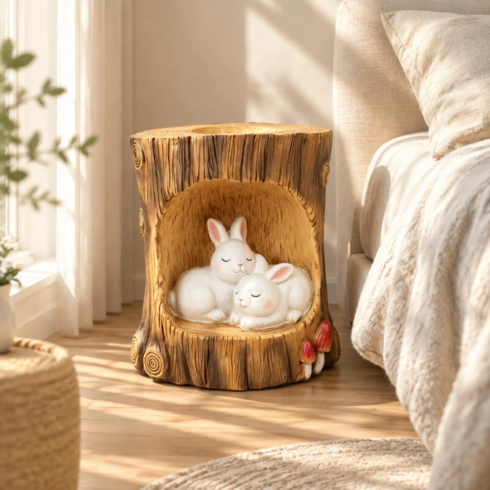 Resin Stump Table with Illuminated Display Rustic Woodland-Themed Highlight Table with Hare Figures Wood-Textured for Living