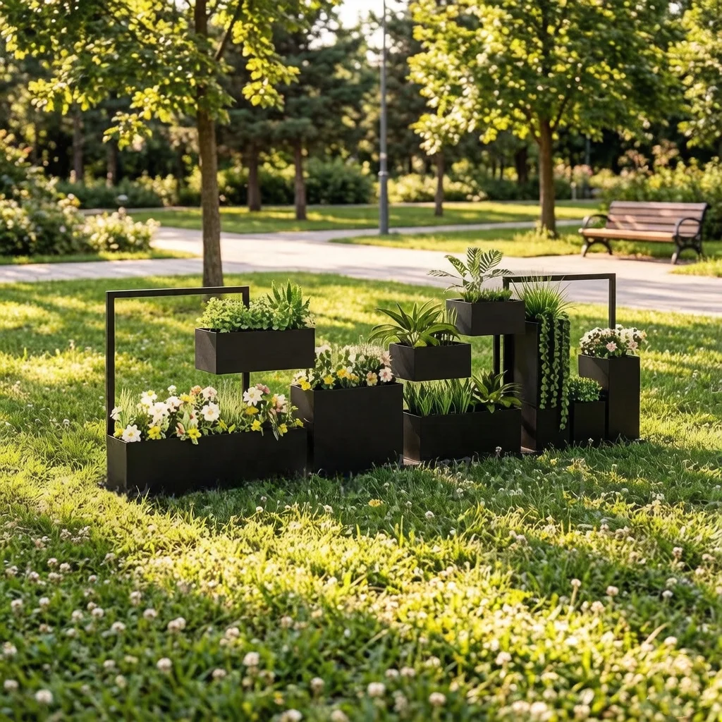 V*-Square Modern Durable & Outdoor Park Green Planting& Eco-Friendly Multi-Layer Iron Flower Box Frame for Shopping Mall
