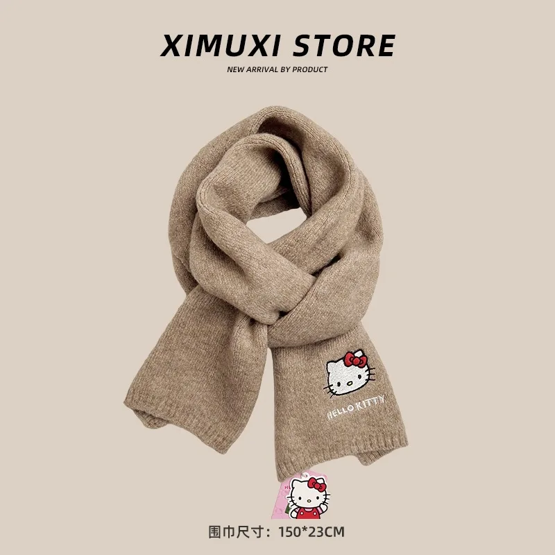 Hello Kitty Anime Cartoon Knitted Embroidered Scarf Kawaii Outdoor Warm Windproof Wool Scarf for Adults and Children Gifts