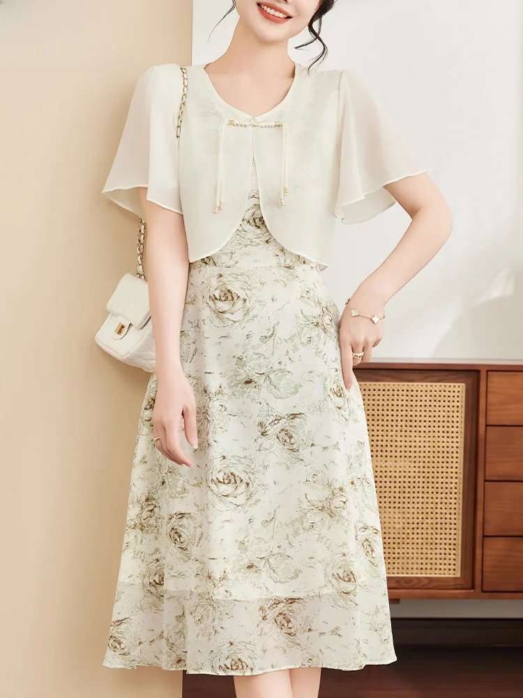 

Faionable Mommy Dr Summer Sle 2025 New Mid-aged Women's ort Sve Chiffon Skirt Midi Length V-ne Loose Fit Dr