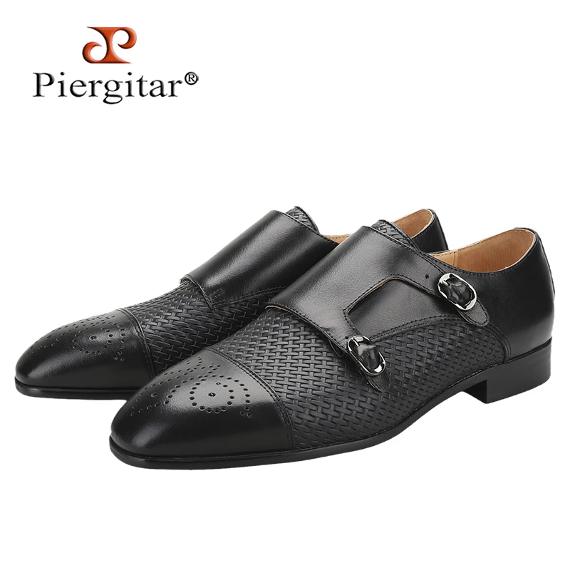 Piergitar Black Woven Calfskin Belgian Monk Shoes With Handmade Brogue Engrave Red Bottom Men Formal Shoes For Wedding Suit Wear