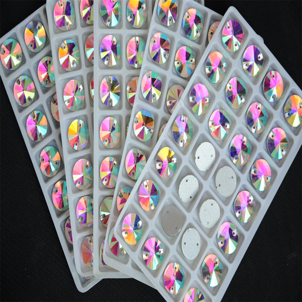 Großhandel Crystal AB Rivoli zum Aufnähen, Stein, flache Rückseite, 2 Löcher, 8,10,12,14,16,18 mm, runde Glas-Nähkristallperlen, Kleiderherstellung – Detail 3