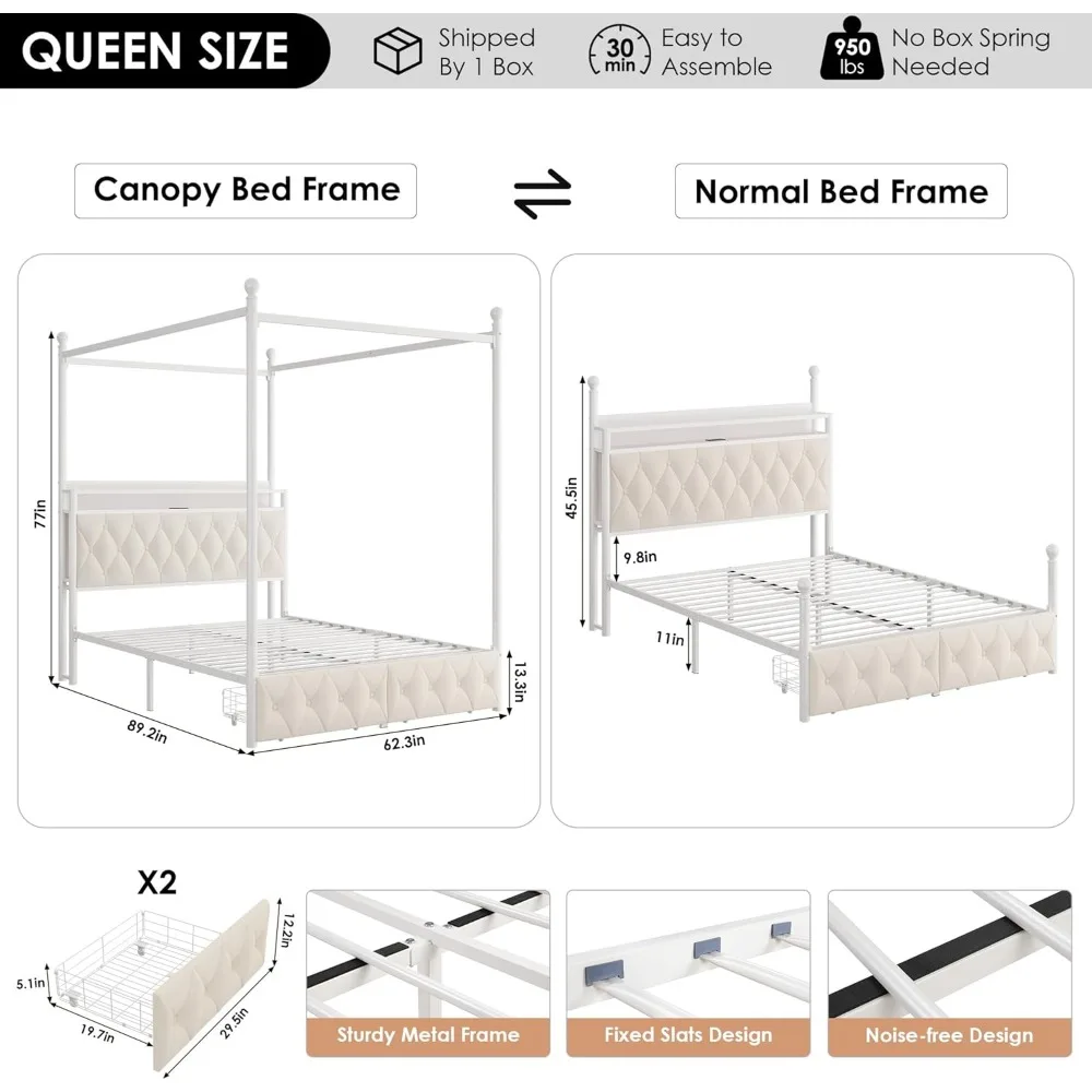 إطار سرير بمظلة LED منجد بحجم كوين مع محطة تخزين وشحن، لوح رأسي للتخزين معنقدة بأزرار مع كتب #2