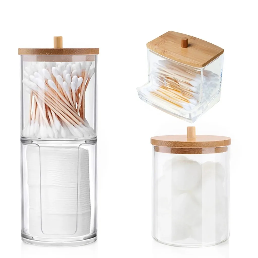 Acrylic Storage Box Cotton Round Pad Holder Bathroom Jar Makeup Organizer Qtip Holder Dispenser with Bamboo Lid Cotton Swab Box