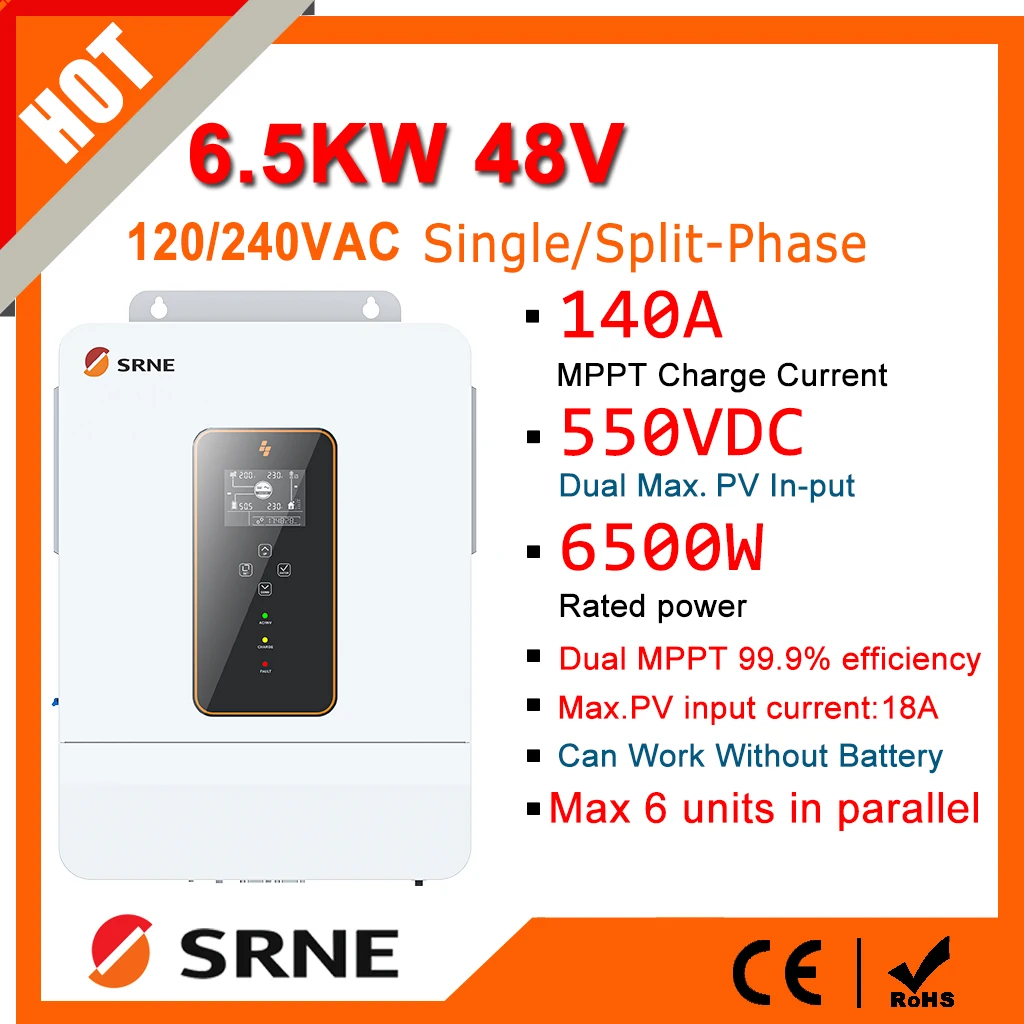 SRNE 6500W Split Phase Parallel Fuction Solar Inverter Pure Sine Wave 48V PV Panel Input 550VDC MPPT 140A Solar Controller