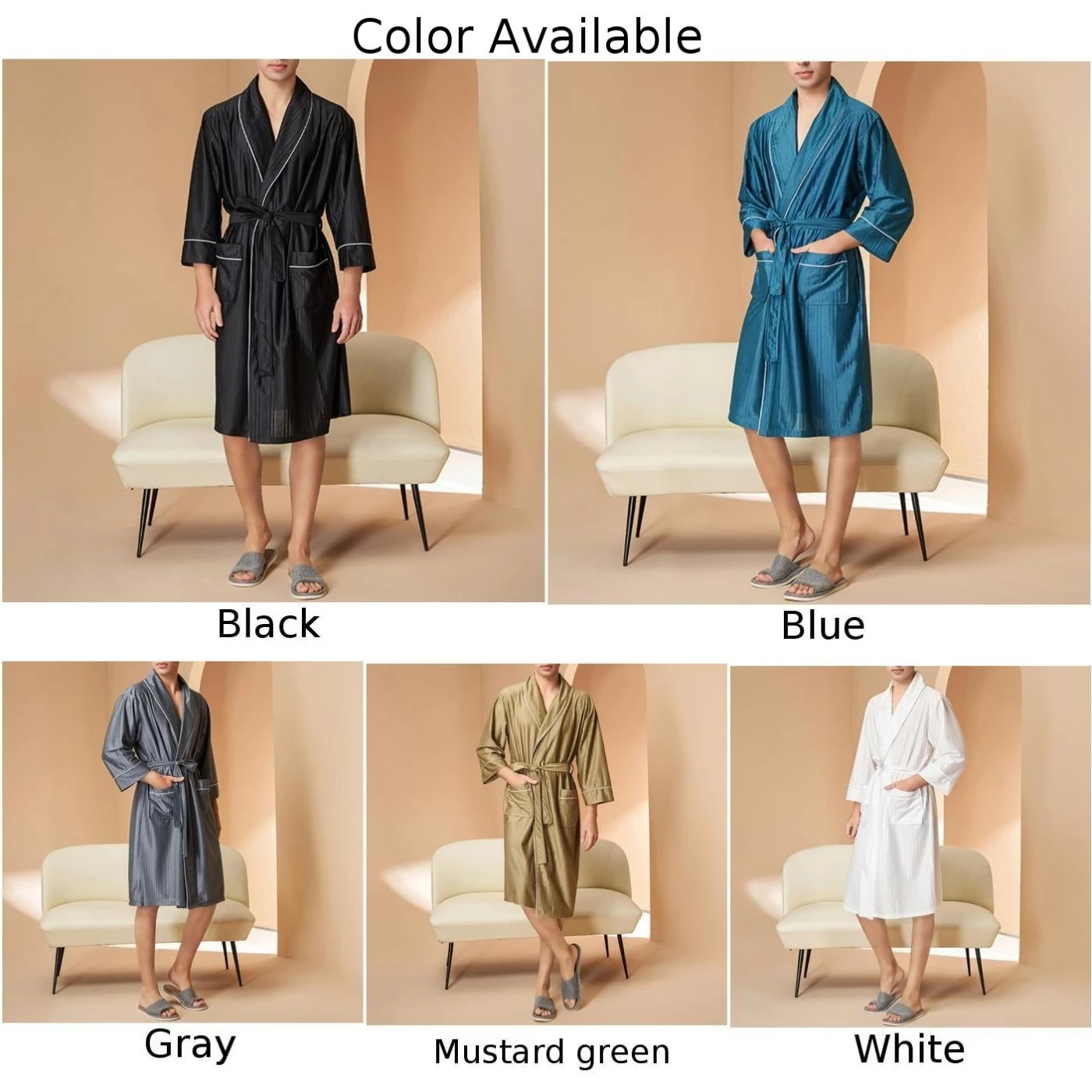 Mannelijk Gewaad Heren Nachtkleding Badjas Ceinted Casual Comfortabele Zachte V-Hals Met Zakken Contrasteren Dagelijks Kimono Los