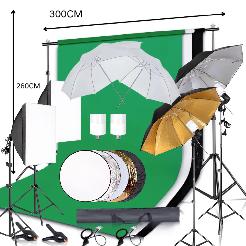 

Photography Stand Kit 2.6x3M Photo Background 3 Colors Backdrops 83cm Umbrella Softbox 2M Tripod Portable Photo Studio Backdrop