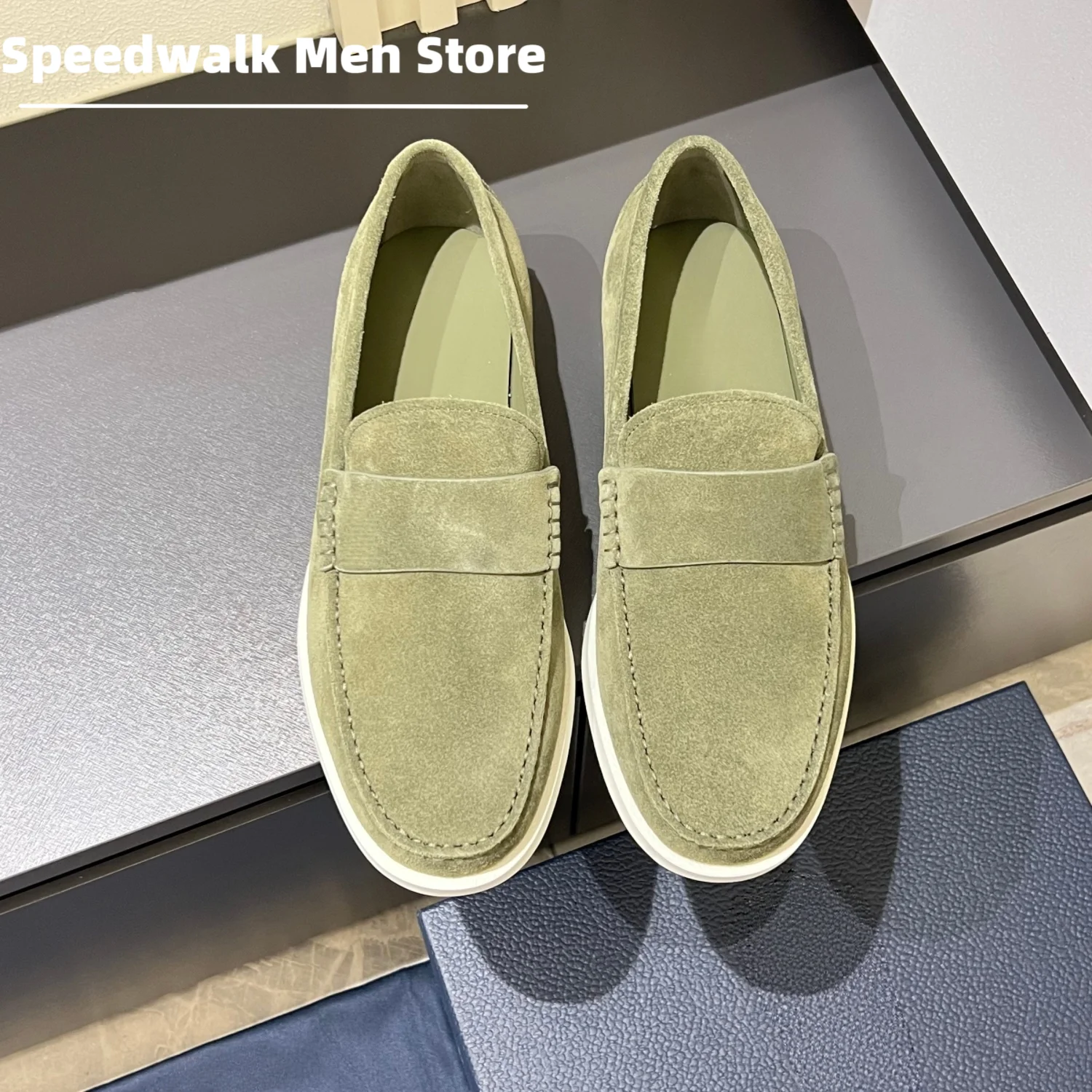 Men Suede Leather Slip On Loafers Thick White Platform Sole Non Slip Soft Flat Driving Moccasins Business Casual Daily Shoes