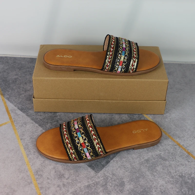 Summer Flat Slippers for Ladies 2024 New Weaving Ethnic Style Open Toe Beach Non Slip Women's Shoes Outdoor Walking Slides