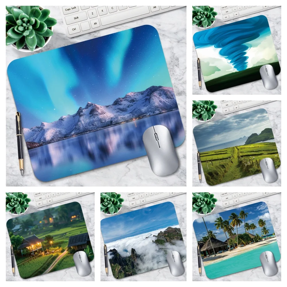 Multi Style Nature Scenery Mouse Pad Non Slip Rubber Desk Mat Aurora Mountain Beach Palm Farm Landscape Office Small Mousepad