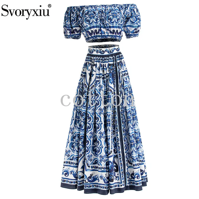 

Svoryxiu Designer Summer Blue And White Porcelain Print Cotton Skirt Suit Women's Slash neck Slim Tops + Elastic Waist Skirt